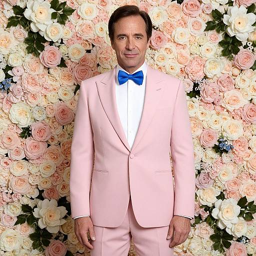 Photograph of a middle-aged man in a light pink suit with a blue bow tie, standing against a wall of pink and white roses.