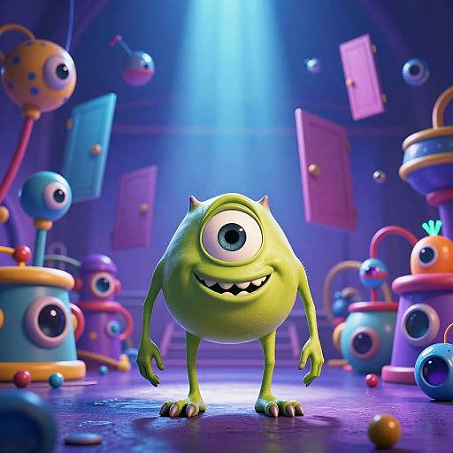 CGI cartoon scene: A green, single-eyed, smiling monster with small horns stands center-stage under bright blue spotlight, surrounded by colorful, whimsical