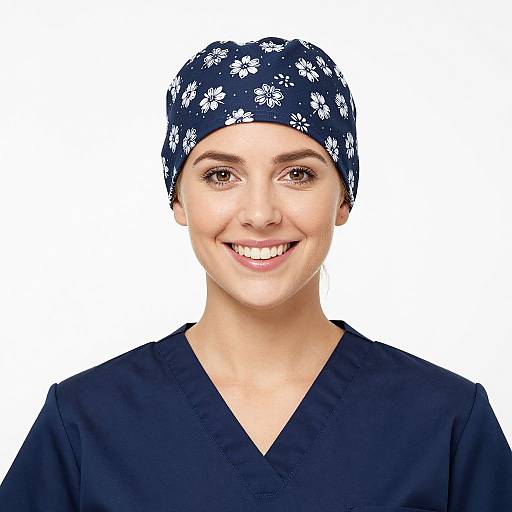 Photograph of a smiling woman with fair skin, brown eyes, wearing a navy blue floral headscarf and dark blue scrub top, against a plain