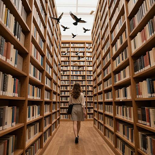 Photograph of a woman in a white blouse and grey dress walking down a wooden bookshelf-lined library aisle with flying birds above.
