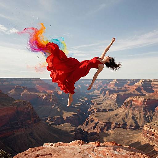 Digital artwork of a woman in a flowing red dress, with colorful fire-like hair, leaping over Grand Canyon, arms outstretched, against a