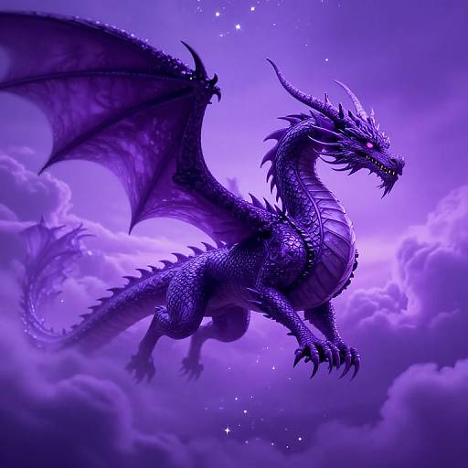 Digital artwork of a majestic, purple-scaled dragon with glowing eyes and outstretched wings soaring through a vibrant, cloudy, purple sky.