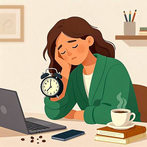 Tired Woman in Green Bathrobe with Alarm Clock