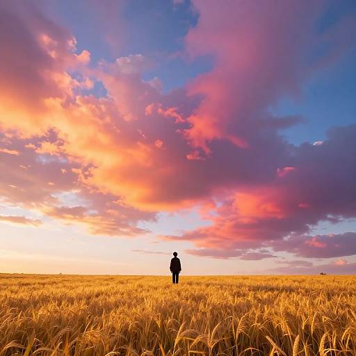 Silhouette of a person standing in a golden wheat field at sunset, with vibrant pink, purple, and orange clouds in the sky. Photorealistic