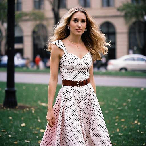 Blonde Woman in Polka Dot Dress Outdoors
