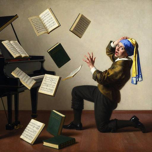 Photograph of a man in brown suit, blue headscarf, and yellow and blue sash, kneeling, with floating music sheets around a black