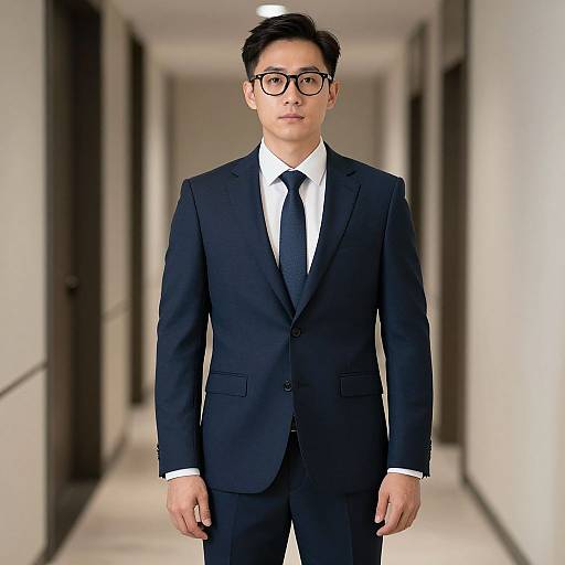 Photograph of an Asian man with short black hair, glasses, in a dark navy suit, white shirt, and black tie, standing in a modern