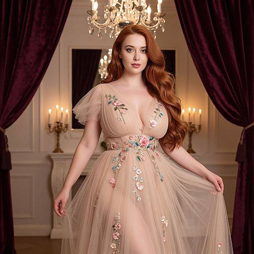 Photograph of a fair-skinned woman with long red hair, wearing a sheer, floral-embellished, V-neck gown, standing in an
