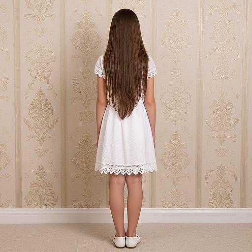 Photograph of a young girl with long brown hair, wearing a white lace dress and white shoes, standing facing a beige, ornate wallpapered wall