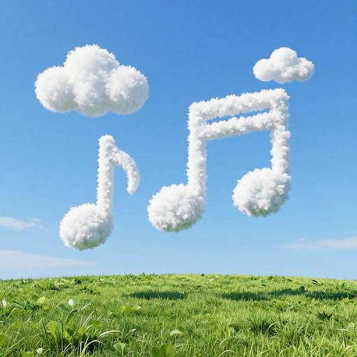 Photograph of a bright blue sky with white, fluffy clouds shaped like a musical note, above a lush green grassy hill.