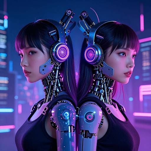 Digital CGI of a cybernetic Asian woman with black hair, neon purple and blue lights, mechanical headphones, and futuristic cityscape background.