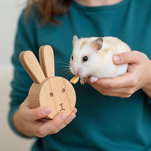 Woman Feeding Hamster to Toy Rabbit