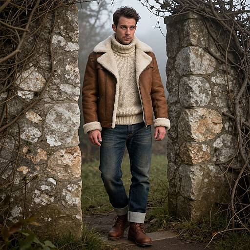 Photograph of a man with short dark hair, wearing a brown leather jacket with white fur collar, cream knit sweater, blue jeans, and brown boots