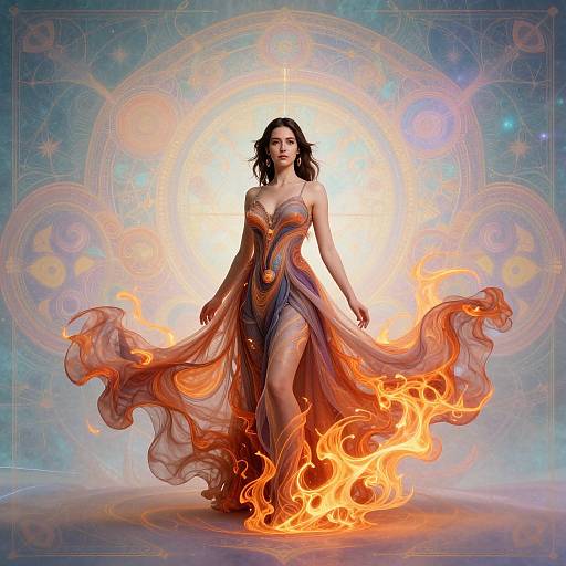 Digital artwork of a woman with long black hair, wearing an orange and purple, flowing, fire-enchanted dress, standing amidst flames, with a