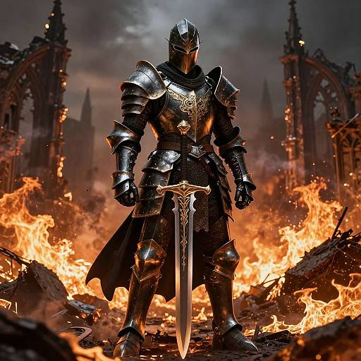 Photorealistic digital art of a armored knight with a long sword standing in a fiery, ruined, gothic castle landscape. Dark, ominous sky.