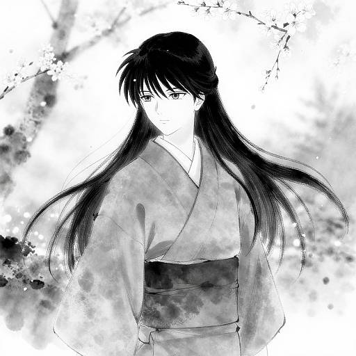 Monochrome digital drawing of a serious, long-haired woman in a traditional Japanese kimono with a dark obi, set against a splattered ink background