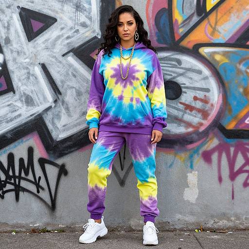 Photograph of a dark-haired woman in a tie-dye purple, blue, and yellow hoodie and pants, white sneakers, standing against colorful graffiti wall