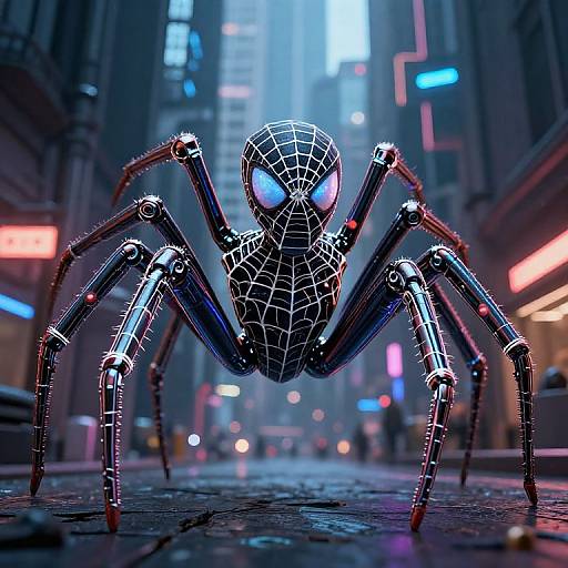 Digital CGI of a spider-like robot with a spider-Man mask, glowing blue eyes, and metallic legs, standing in a neon-lit, futuristic city