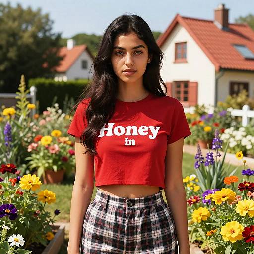 Young Woman in Sunny Colorful Garden