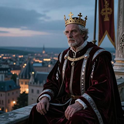 Photograph of an elderly white man with white beard, wearing a golden crown, dark maroon royal robe with silver trim, sitting on a balcony overlooking