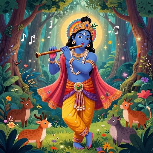 Digital illustration of blue-skinned Hindu god Krishna, playing flute in vibrant forest, wearing orange-yellow dhoti, red shawl, adorned with jewelry