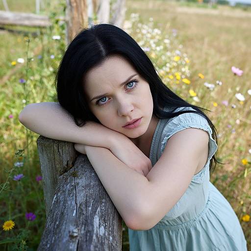 Photograph of a pale-skinned woman with black hair, blue eyes, and a light blue dress, leaning on a wooden post in a sunny,