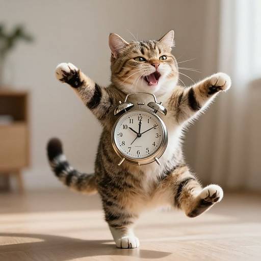 Photograph of a playful, brown tabby kitten joyfully dancing with an oversized, silver alarm clock strapped to its chest in a sunlit room.