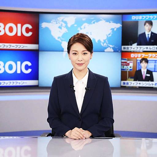 Photograph of an Asian female news anchor in a black blazer and white blouse, standing in front of a brightly lit news studio with various colorful TV