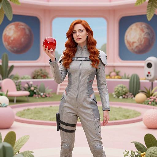 Digital artwork of a red-haired woman in a silver spacesuit holding a red apple, standing in a futuristic pink garden with planetary murals.
