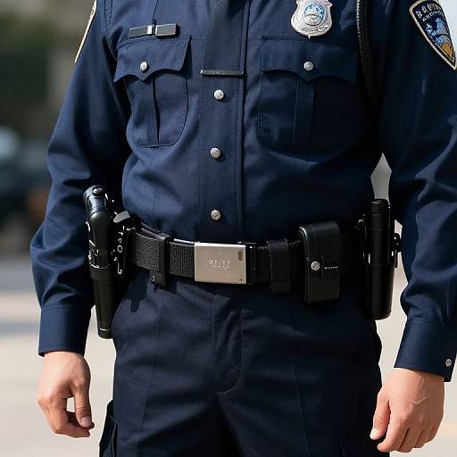 Photograph of a male police officer in dark navy uniform, visible chest, waist, and hands. Includes badge, utility belt, and holstered gun
