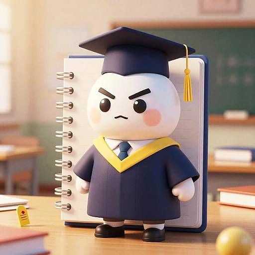 Cute, cartoon-style white character with black eyebrows, wearing a navy graduation gown and cap, standing on a desk beside an open spiral notebook. Classroom
