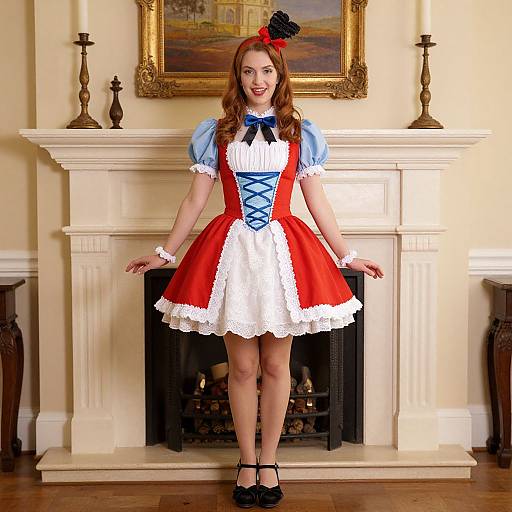 Photograph of a young woman in a red and white Alice in Wonderland costume with blue corset, blue bowtie, black hat, standing in front
