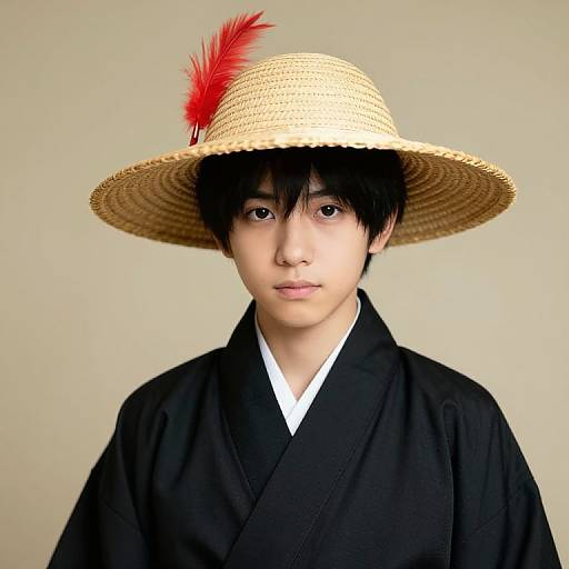 Boy in Black Kimono with Straw Hat