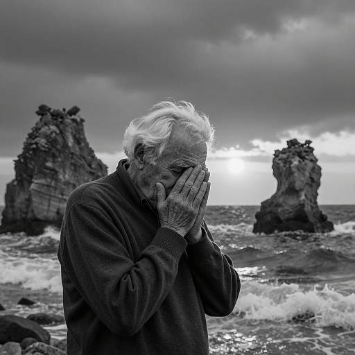 Elderly Man in Prayer by the Ocean