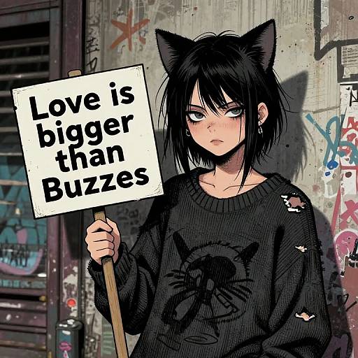 Anime-style digital drawing of a black-haired girl with cat ears holding a 