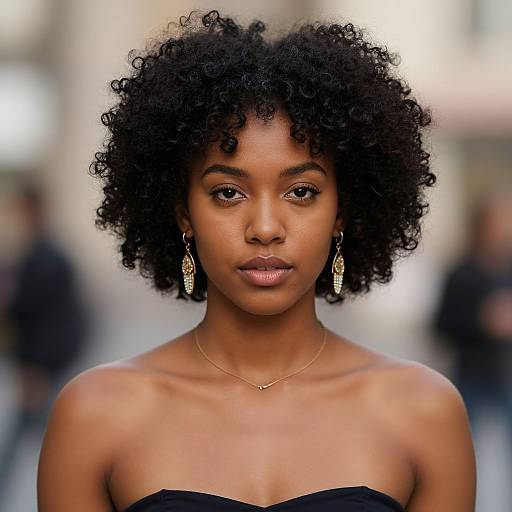 Photograph of a beautiful Black woman with medium brown skin, curly black hair, wearing gold earrings and necklace, black strapless top, with a blurred