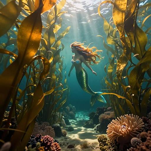 Photograph of a vibrant, green-scaled mermaid with flowing orange hair, swimming through an underwater coral reef with sunlight filtering through tall, golden seaw