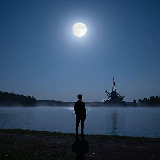 Silhouetted person stands by moonlit lake, facing abandoned ship in misty background. Full moon brightly illuminates night sky. Photograph.