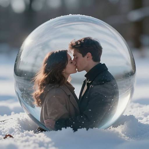 Photograph of a couple kissing inside a clear, spherical bubble, surrounded by snow with a blurred forest background in soft light.