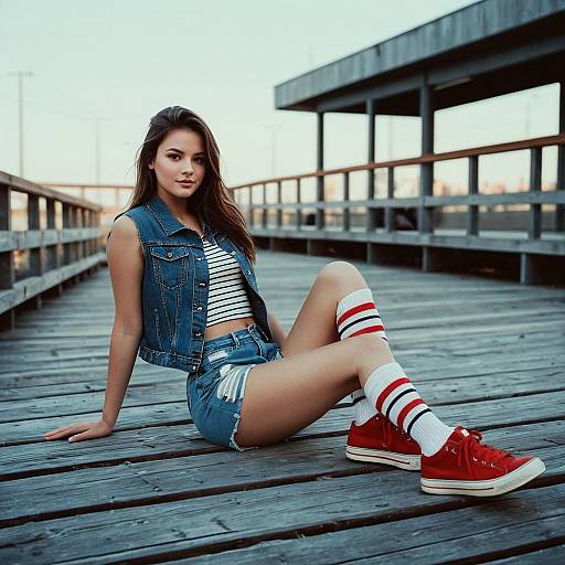 Young Woman in Denim Sitting on Boardwalk