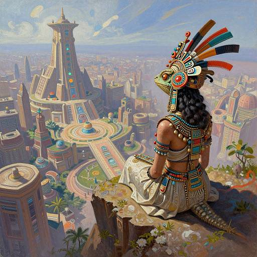 Digital art: Native warrior with colorful feather headdress and intricate jewelry sits on cliff, overlooking vibrant, futuristic cityscape with towering structures and circular plaz