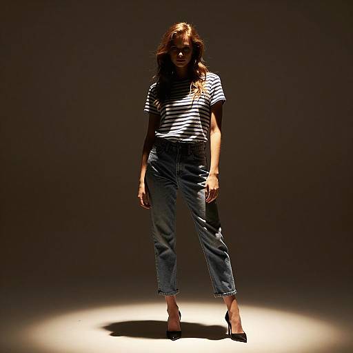 Woman in Spotlight Wearing Striped Shirt and Jeans