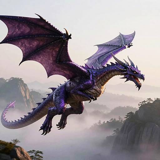 Digital artwork of a majestic, purple-scaled dragon with large wings soaring through a misty, mountainous landscape at sunrise.