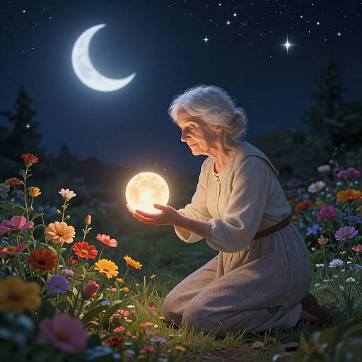 Elderly woman with white hair kneels in a colorful flower field, holding a glowing orb under a crescent moonlit starry night sky.