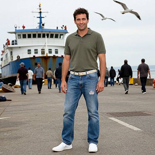 Man at Bustling Dockside Scene