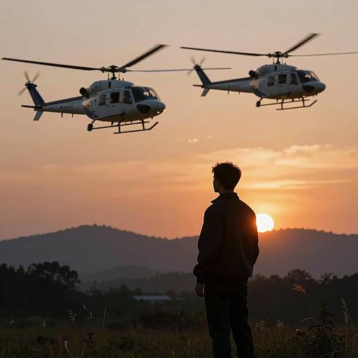 Man Silhouette Against Sunset with Helicopters