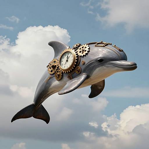 Photograph of a metallic dolphin with steampunk gear, including gears and a clock, flying against a bright blue sky with white clouds.