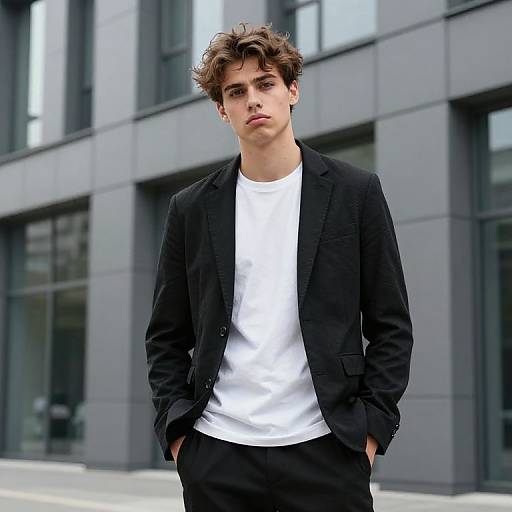 Photograph of a young man with tousled brown hair, wearing a black blazer, white t-shirt, and black pants, standing in front of