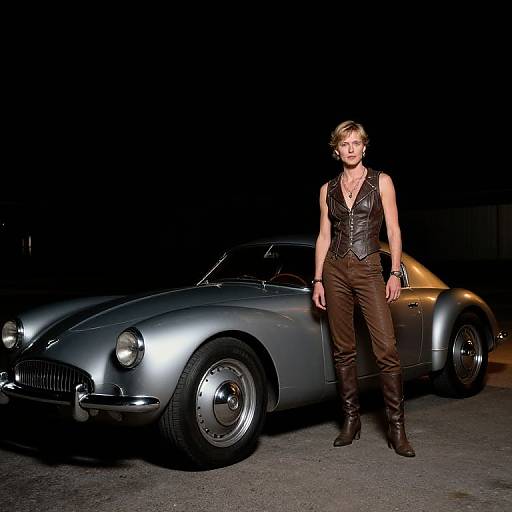 Photograph: Blonde woman in leather vest and brown pants stands confidently beside a sleek, silver classic sports car at night.