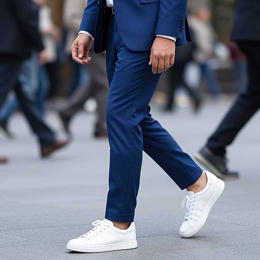 Photograph of a man in a navy suit, white dress shoes, walking on a city street with blurred pedestrians in the background.